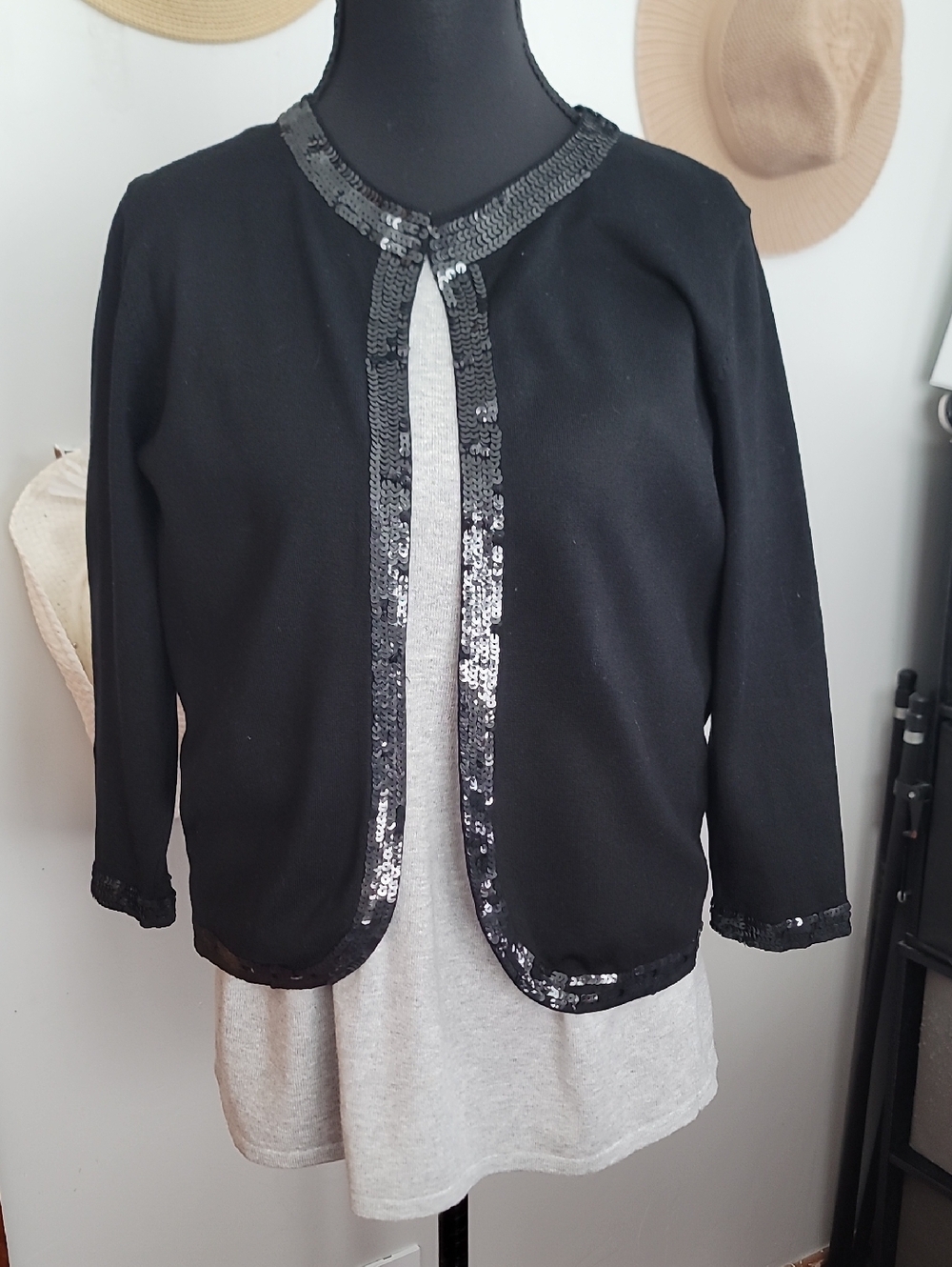 Kate Hill Black Sequin-Trim Open-Front Jacket